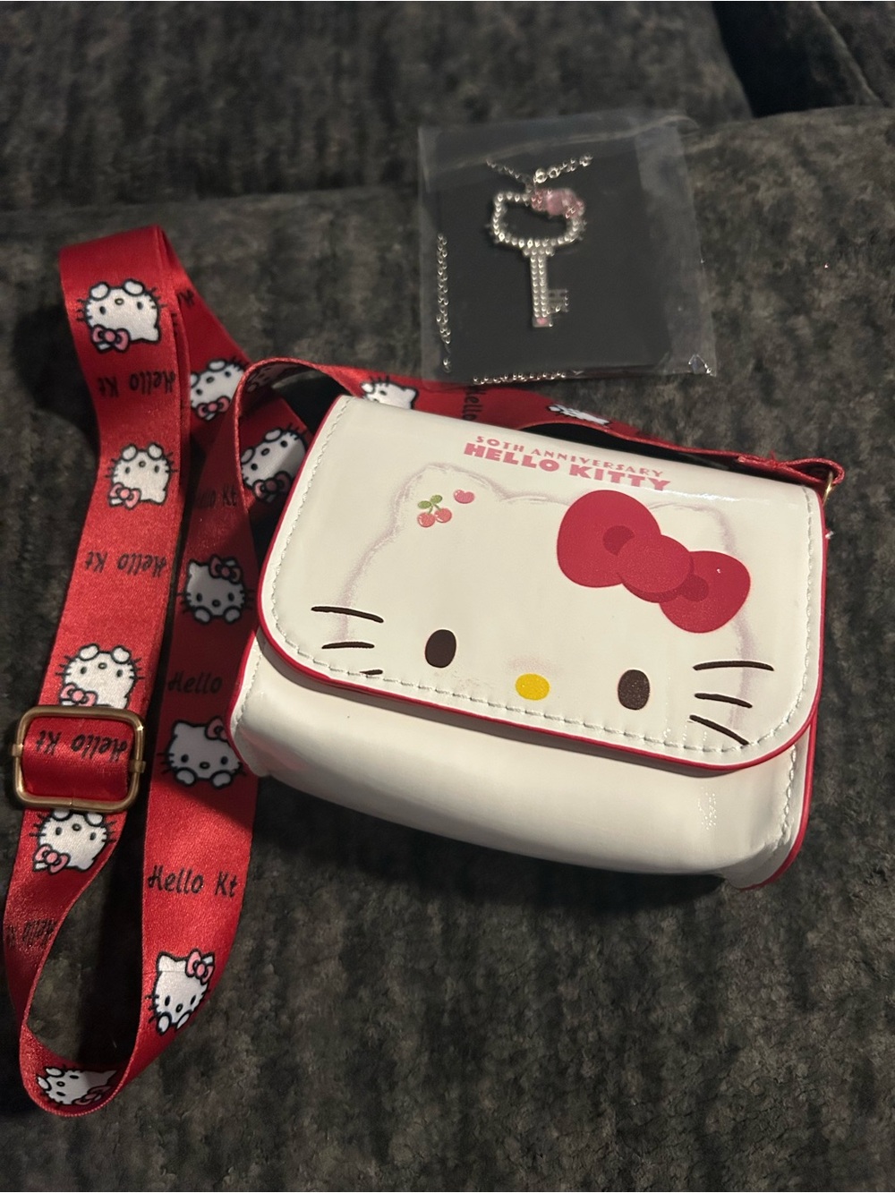 Hello Kitty White and Red Kids Crossbody Bag with Character Strap & Key Necklace
